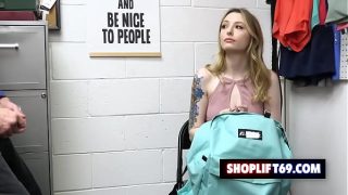 Blonde teen Ailee Anne fucked by the female security guard Brooklyn Gray and her collegue for stealing a dildo